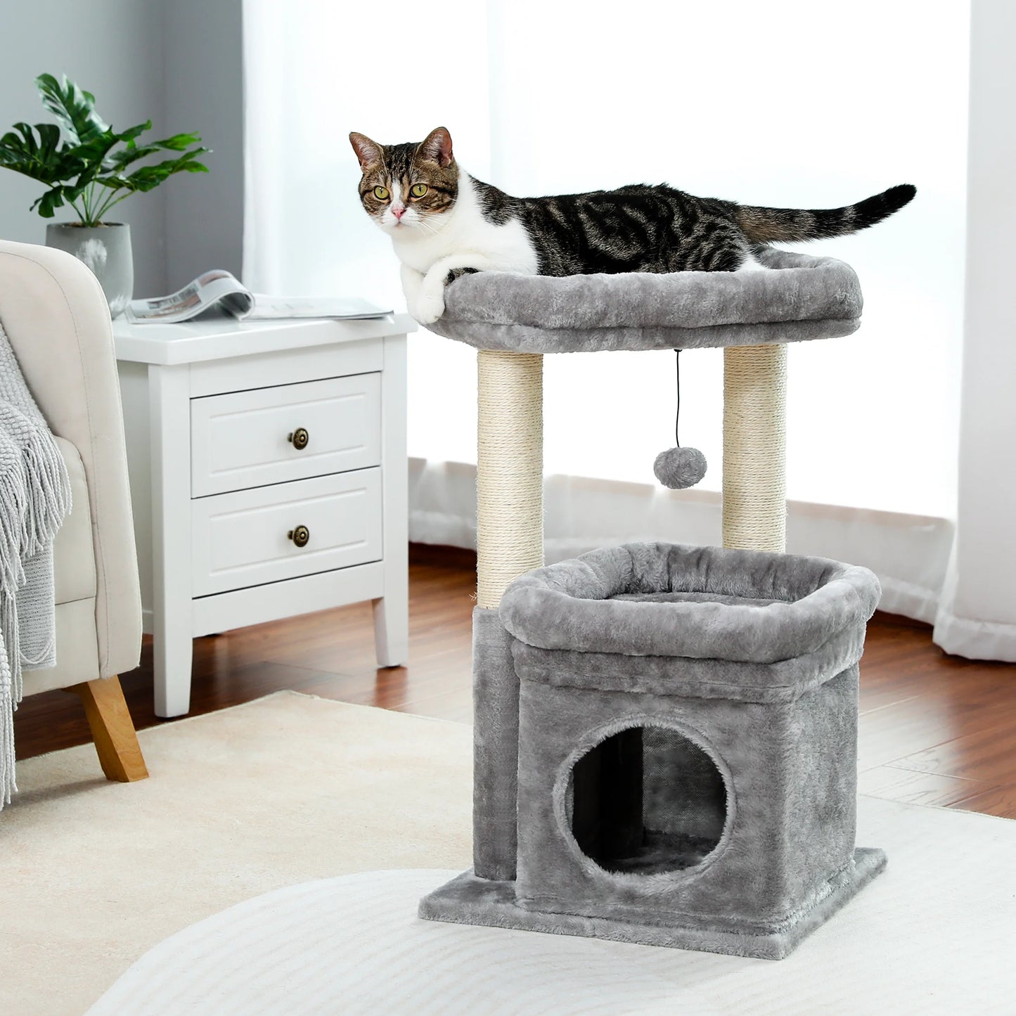 27" Cat Tree Condo with Top Perch & Scratching Posts – Gray