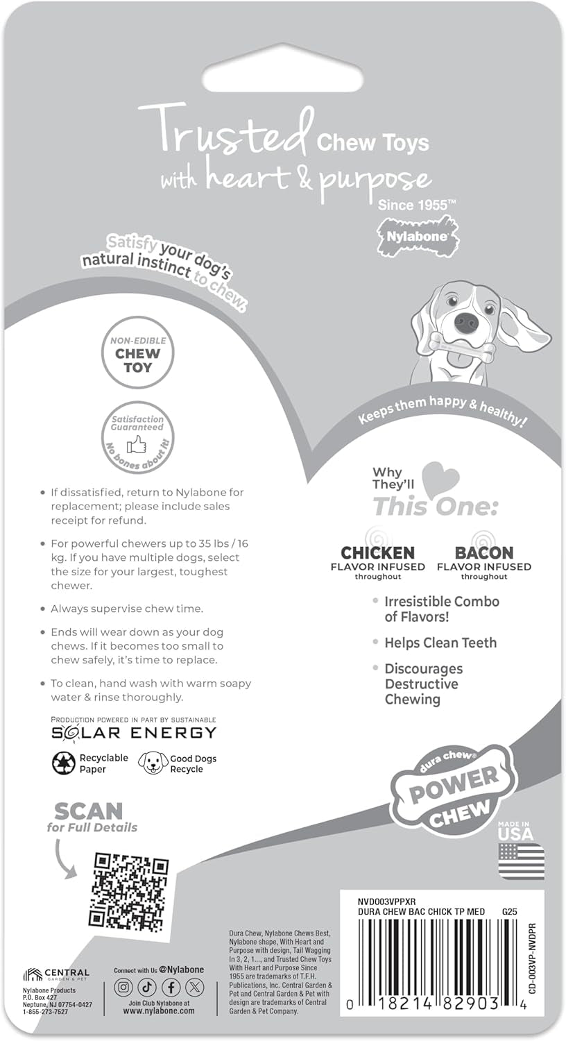 Durable Bone Chew Toys for Aggressive Chewers – Bacon & Chicken Flavor (2 Pack, Medium)