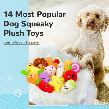14-Pack Plush Squeaky Dog Toys – Fruits & Vegetables Set