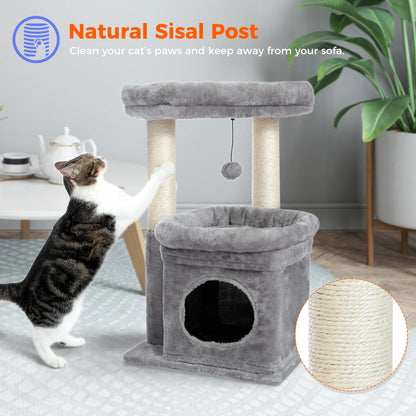 27" Cat Tree Condo with Top Perch & Scratching Posts – Gray