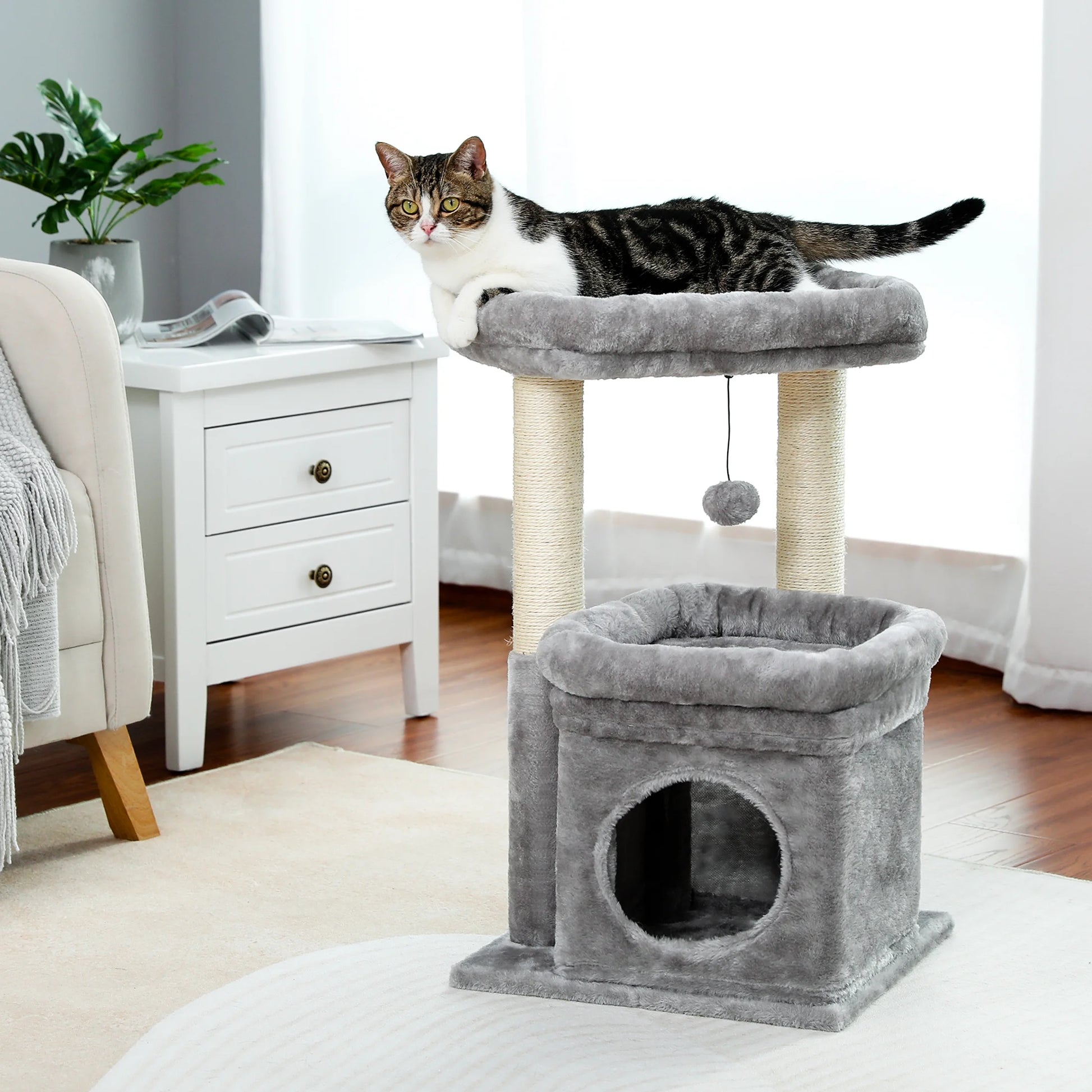 27" Cat Tree Condo with Top Perch & Scratching Posts – Gray