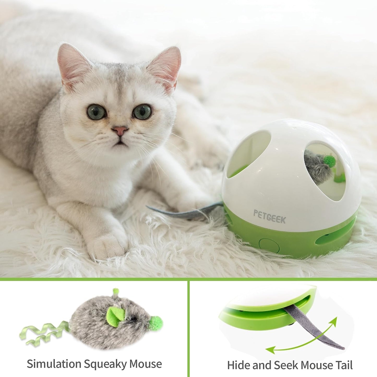 Interactive Hidey Mouse Cat Toy with Squeaky Mouse – Green