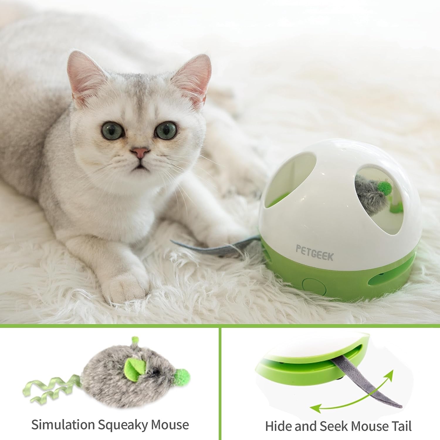 Interactive Hidey Mouse Cat Toy with Squeaky Mouse – Green