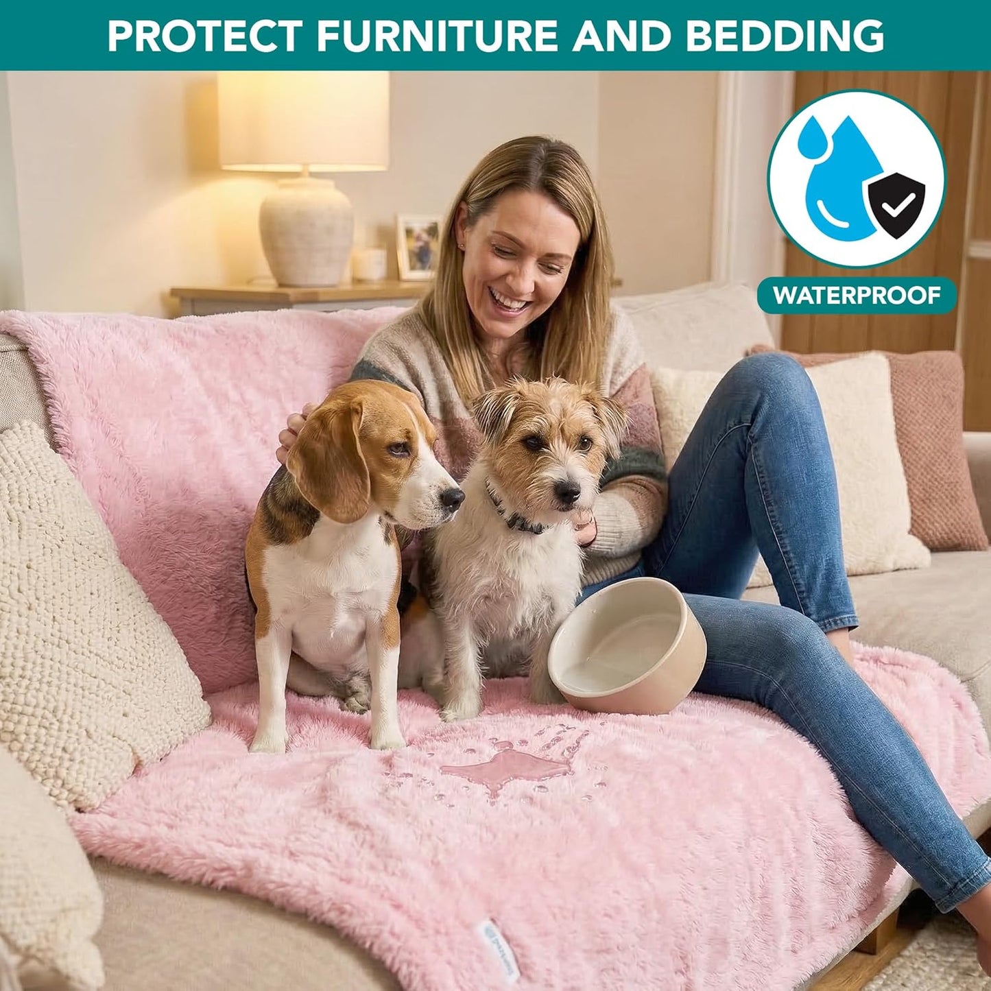 Waterproof Reversible Sherpa Dog Blanket for Couch & Bed – Pink Blush (24x32)
