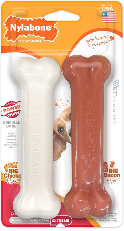 Durable Bone Chew Toys for Aggressive Chewers – Bacon & Chicken Flavor (2 Pack, Medium)