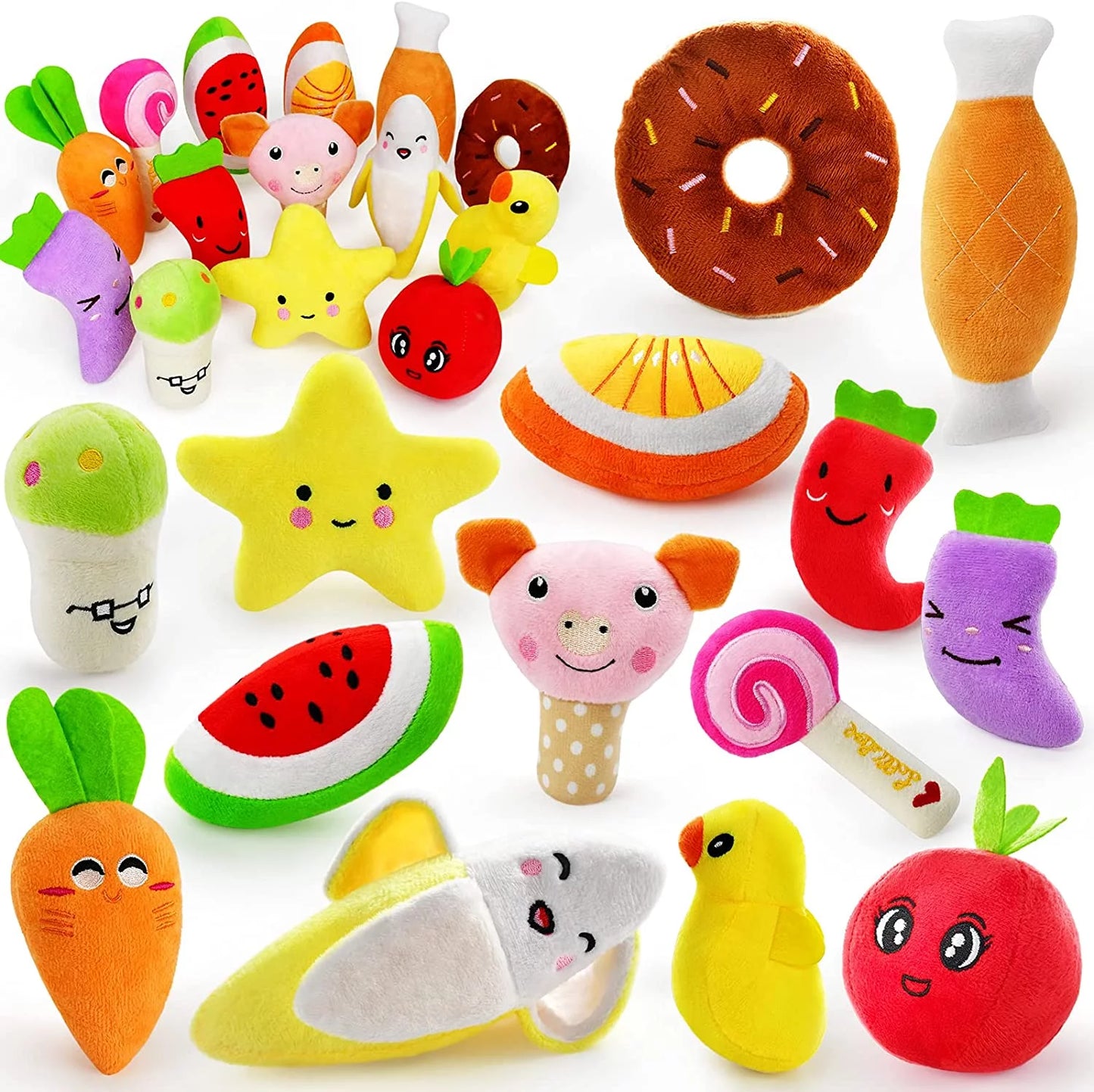14-Pack Plush Squeaky Dog Toys – Fruits & Vegetables Set