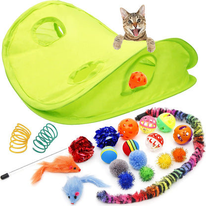 18-Piece Interactive Cat Toy Assortment – Wand, Balls & Bell Toys